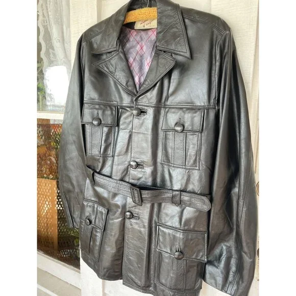 Vintage 1970s Lomeli Of California Leather Jacket Belted Size 42 Mens Black - Picture 2 of 16